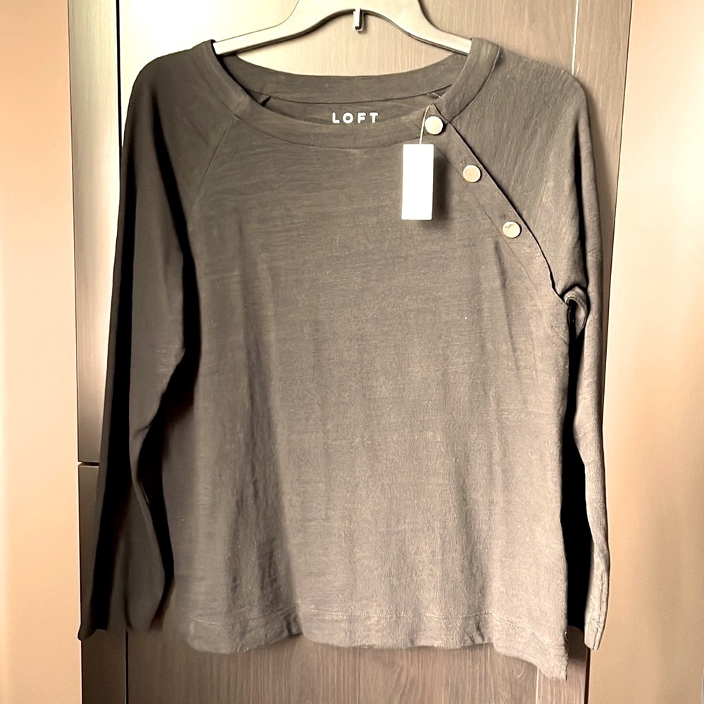 LOFT NWT L/S cotton shirt with gold buttons at neck    Size: Large  Color: black